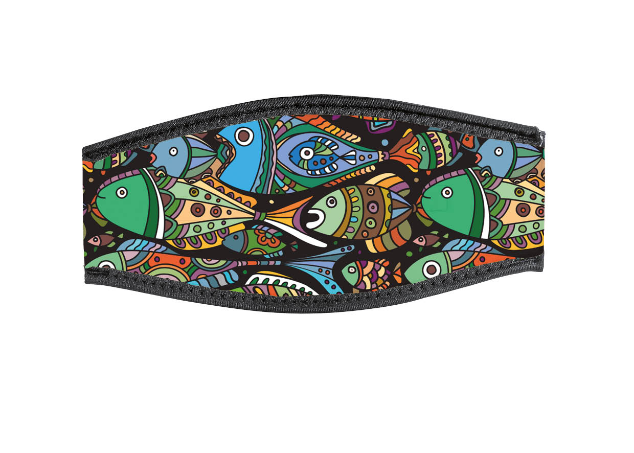 Neoprene Mask Strap - Coloured Fishes - with double velcro (IN/GREEN-DV)